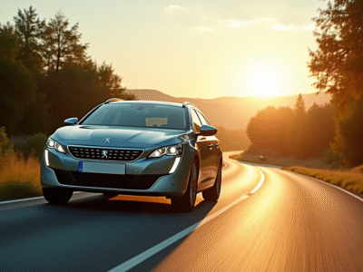 Voiture Peugeot 508 SW en conduite en campagne ensoleillee