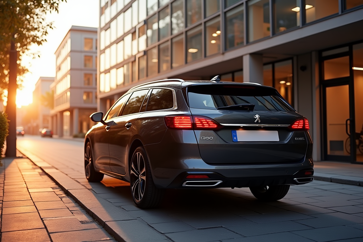 Peugeot 508 SW stationnee en ville au coucher de soleil