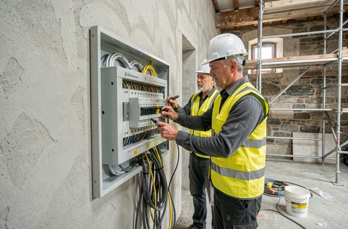 Deux électriciens de PEYRAL PLAZE ELECTRICITE installant un tableau électrique dans un bâtiment commercial à Aurillac