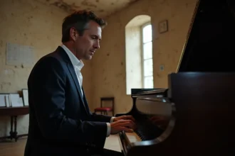 Pianiste français méconnu en costume sombre jouant un Steinway dans une salle de répétition du conservatoire de Paris