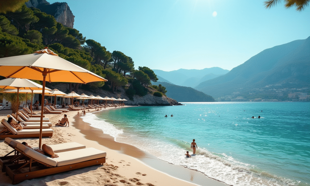 Plage en Corse avec eaux turquoise et montagnes en arrière-plan