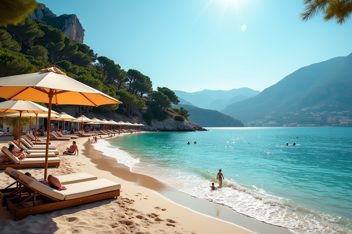 Plage en Corse avec eaux turquoise et montagnes en arrière-plan