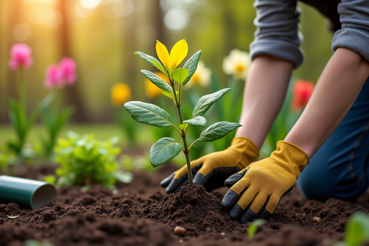 Jardinier plantant un kalmia dans la terre avec outils et fleurs