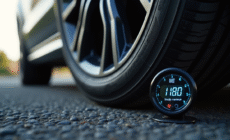 Gros plan sur un pneu de voiture avec manomètre digital indiquant une pression trop haute