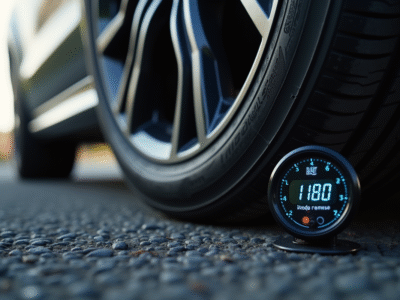 Gros plan sur un pneu de voiture avec manomètre digital indiquant une pression trop haute