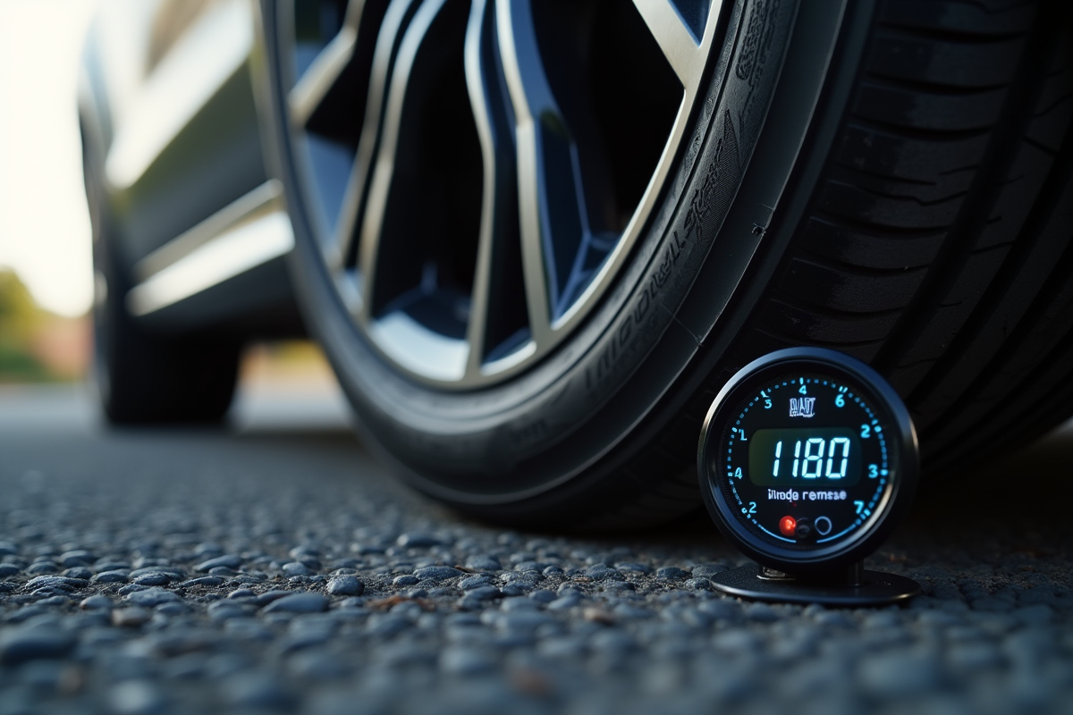 Gros plan sur un pneu de voiture avec manomètre digital indiquant une pression trop haute