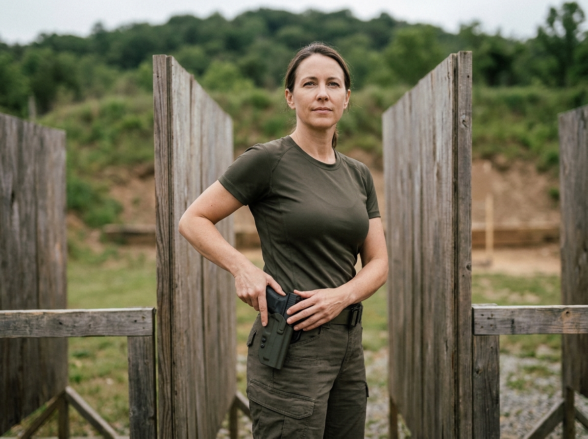 Femme sur un stand de tir inspectant un holster de ceinture, illustration du port apparent d'arme réglementaire