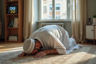 Homme en prière islamique sur un tapis de prière dans un appartement de Tremblay-en-France