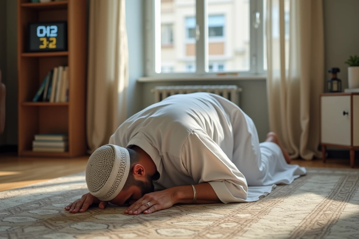 Homme en prière islamique sur un tapis de prière dans un appartement de Tremblay-en-France