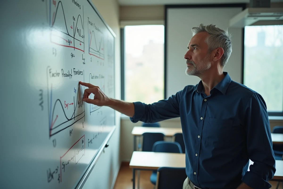 Professeur d'économie expliquant la dotation factorielle au tableau dans une salle de cours universitaire