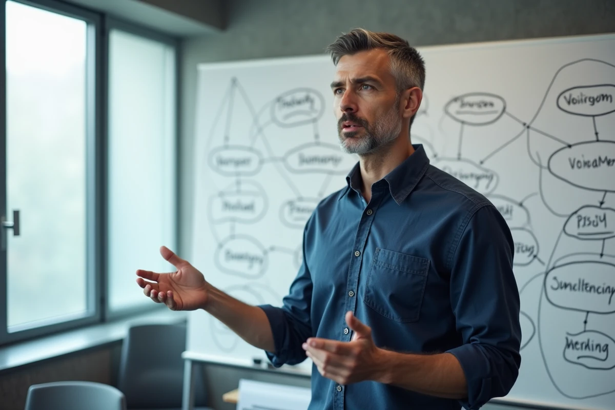Professeur expliquant un concept paradigmatique sur un tableau blanc avec des schémas conceptuels
