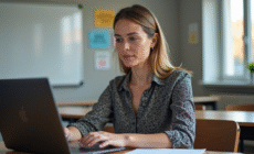 Professeure attentive utilisant un ordinateur en classe