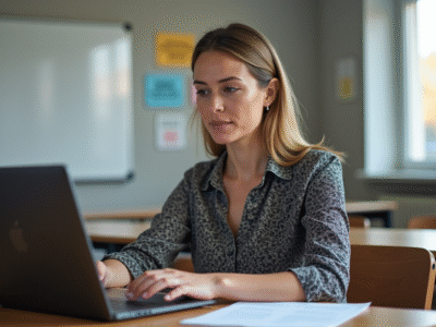 Professeure attentive utilisant un ordinateur en classe
