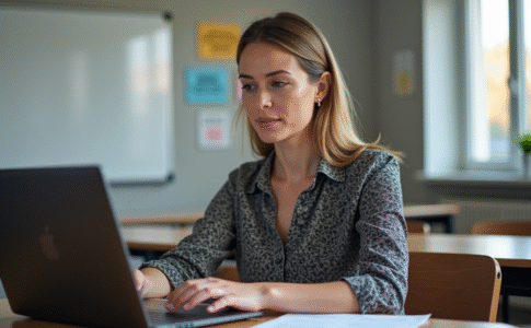 Professeure attentive utilisant un ordinateur en classe