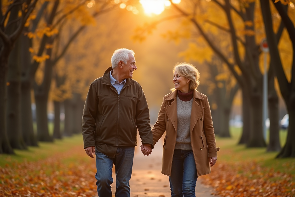 Couple mature marchant main dans la main dans un parc en automne