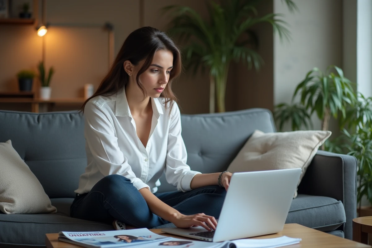 Jeune femme utilisant un ordinateur portable pour réaliser un quiz sur son appartenance politique