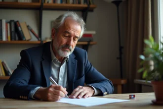 Homme remplissant un questionnaire politique sur son positionnement partisan à son bureau