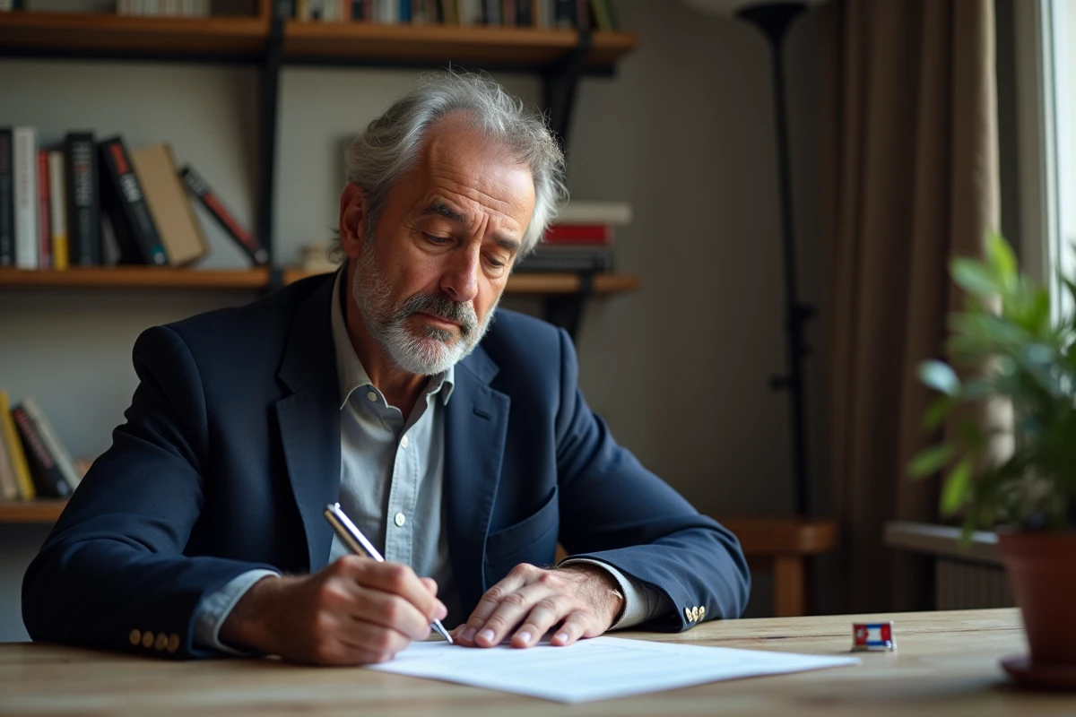 Homme remplissant un questionnaire politique sur son positionnement partisan à son bureau