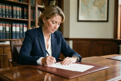 Femme rédigeant une lettre formelle de politesse destinée au préfet dans un bureau administratif