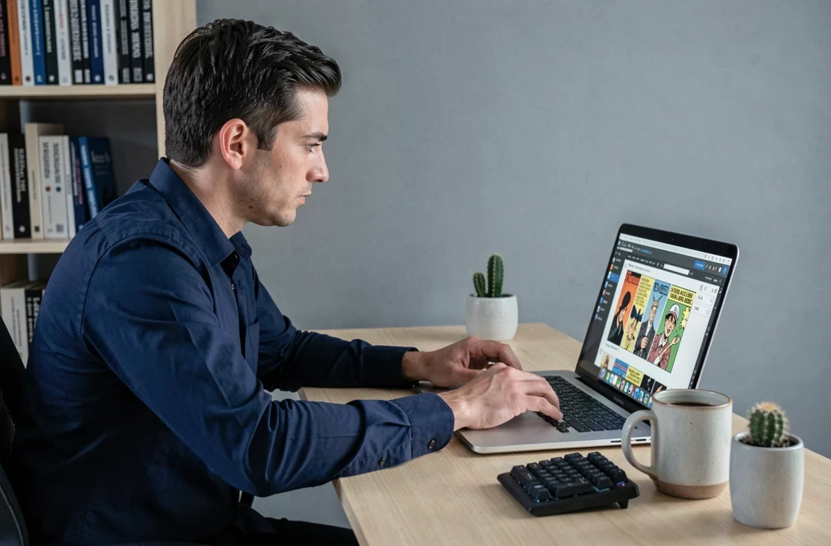Homme réglant les paramètres d'affichage d'un lecteur de scans sur ordinateur portable dans un bureau minimaliste