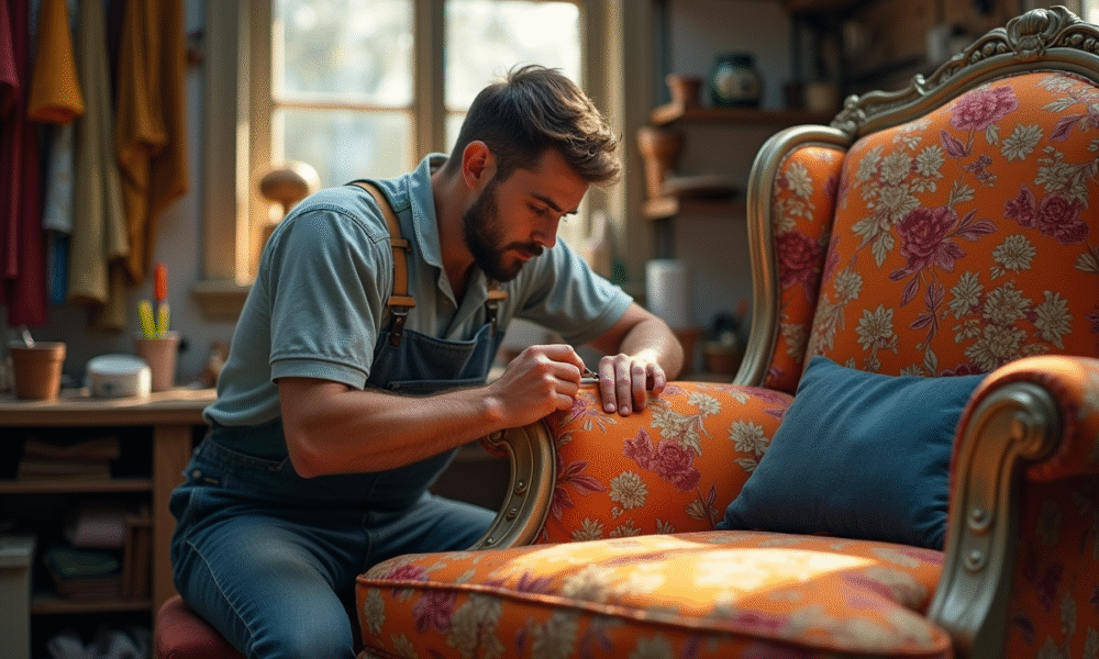 Réparateur de canape vintage en atelier lumineux