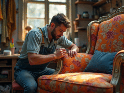 Réparateur de canape vintage en atelier lumineux