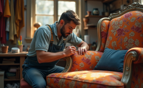 Réparateur de canape vintage en atelier lumineux