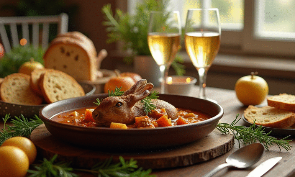 Table de fête avec civet de lapin en cider et pommes dorées