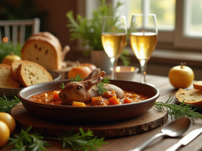 Table de fête avec civet de lapin en cider et pommes dorées