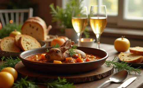Table de fête avec civet de lapin en cider et pommes dorées
