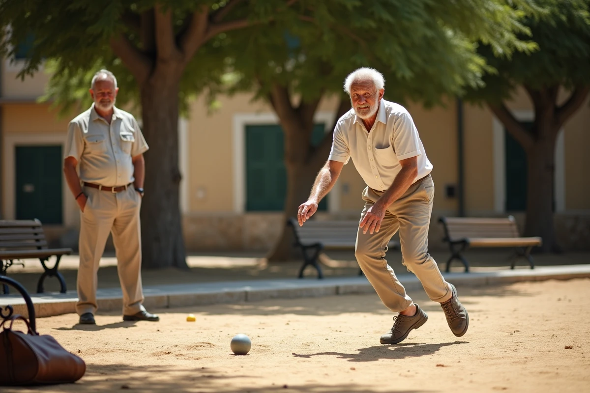 Deux retraités marseillais jouant à la pétanque dans un parc public ombragé de Marseille