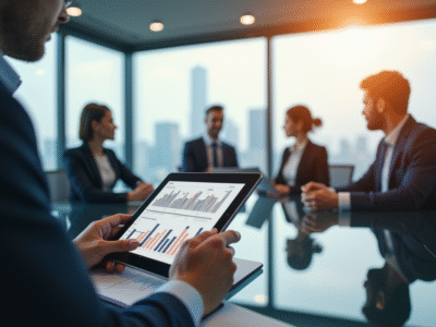 Réunion d'affaires dans un bureau moderne avec graphiques