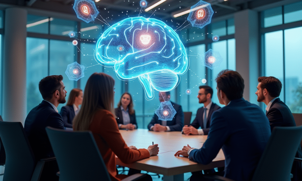 Réunion de professionnels autour d une table avec hologramme d un cerveau