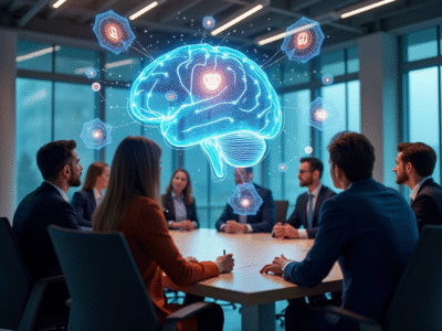 Réunion de professionnels autour d une table avec hologramme d un cerveau