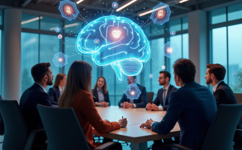 Réunion de professionnels autour d une table avec hologramme d un cerveau