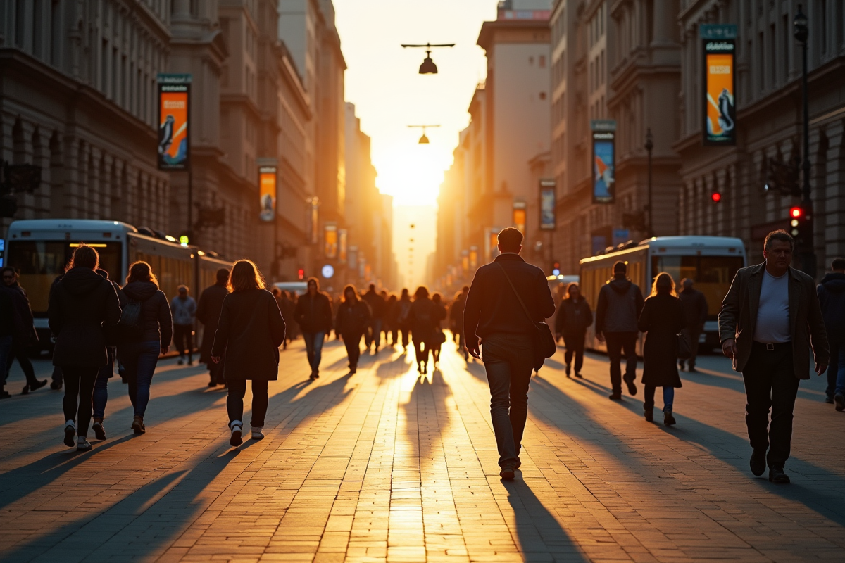 Rue animée au matin avec piétons en mouvement et ombres longues