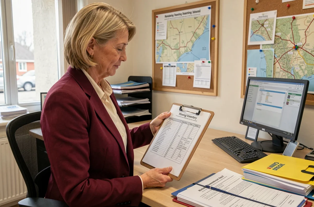 Administratrice professionnelle en blazer bordeaux consultant un inventaire de déménagement sur un presse-papiers dans le bureau d'une société de déménagement