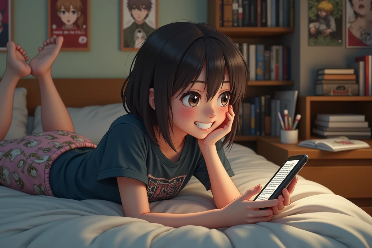 Jeune adulte allongé sur un lit lisant un scan manga en VF sur smartphone dans une chambre d'étudiant