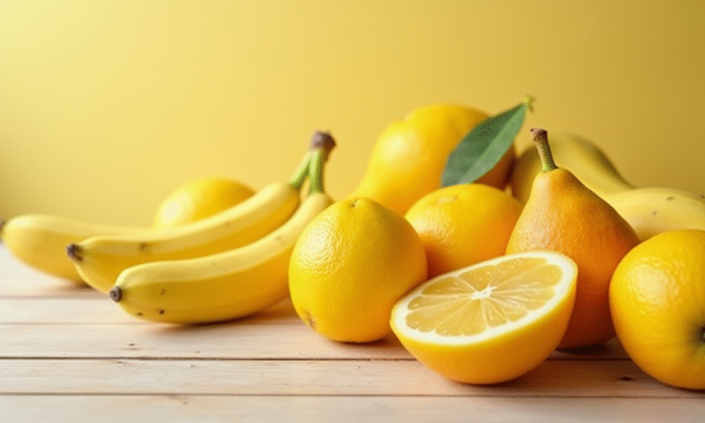 Sélection de fruits jaunes frais sur table en bois clair