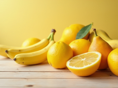 Sélection de fruits jaunes frais sur table en bois clair