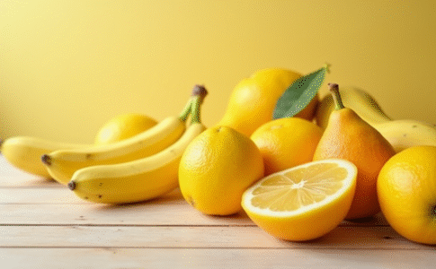 Sélection de fruits jaunes frais sur table en bois clair