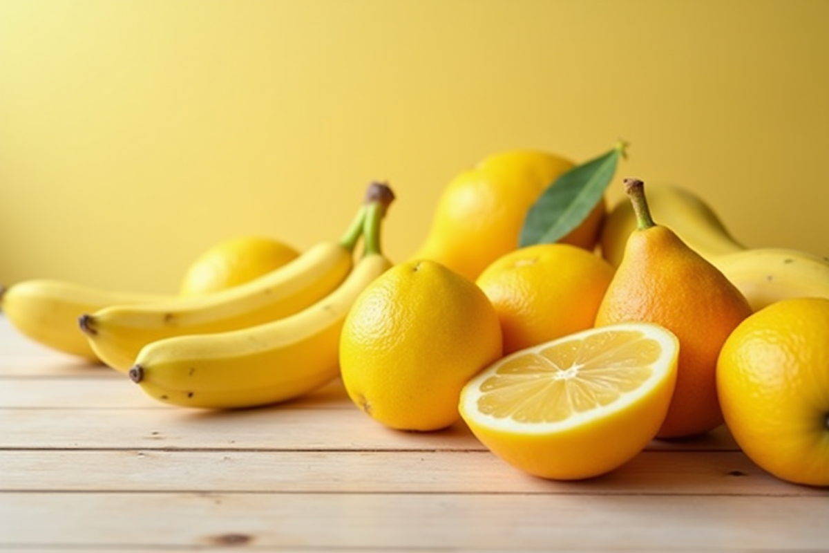 Sélection de fruits jaunes frais sur table en bois clair