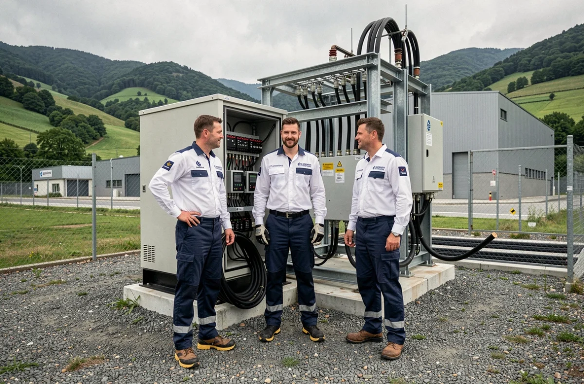 Équipe de la Société d'Applications Électriques du Centre intervenant sur un poste électrique industriel dans le Cantal