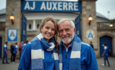 Homme d'âge moyen et sa petite fille devant le stade AJ Auxerre