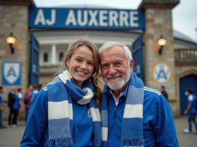 Homme d'âge moyen et sa petite fille devant le stade AJ Auxerre