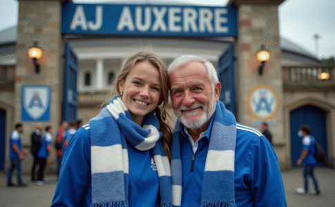 Homme d'âge moyen et sa petite fille devant le stade AJ Auxerre
