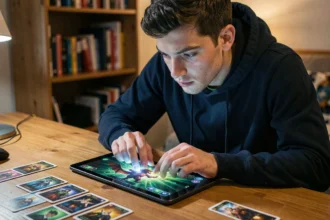Joueur de jeu de rôle analysant une stratégie tactique contre le type Dragon sur une tablette