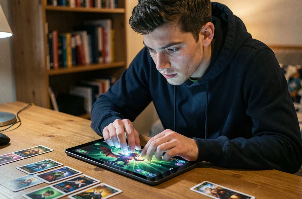 Joueur de jeu de rôle analysant une stratégie tactique contre le type Dragon sur une tablette