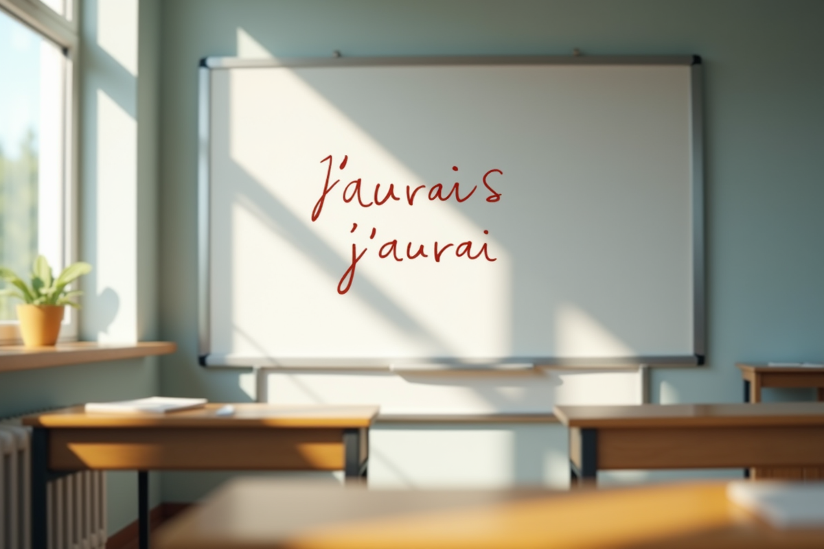 Tableau blanc avec jaurais et jaurai dans une salle de classe