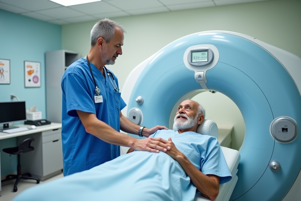 Technicien en scrubs expliquant le scanner à un patient âgé